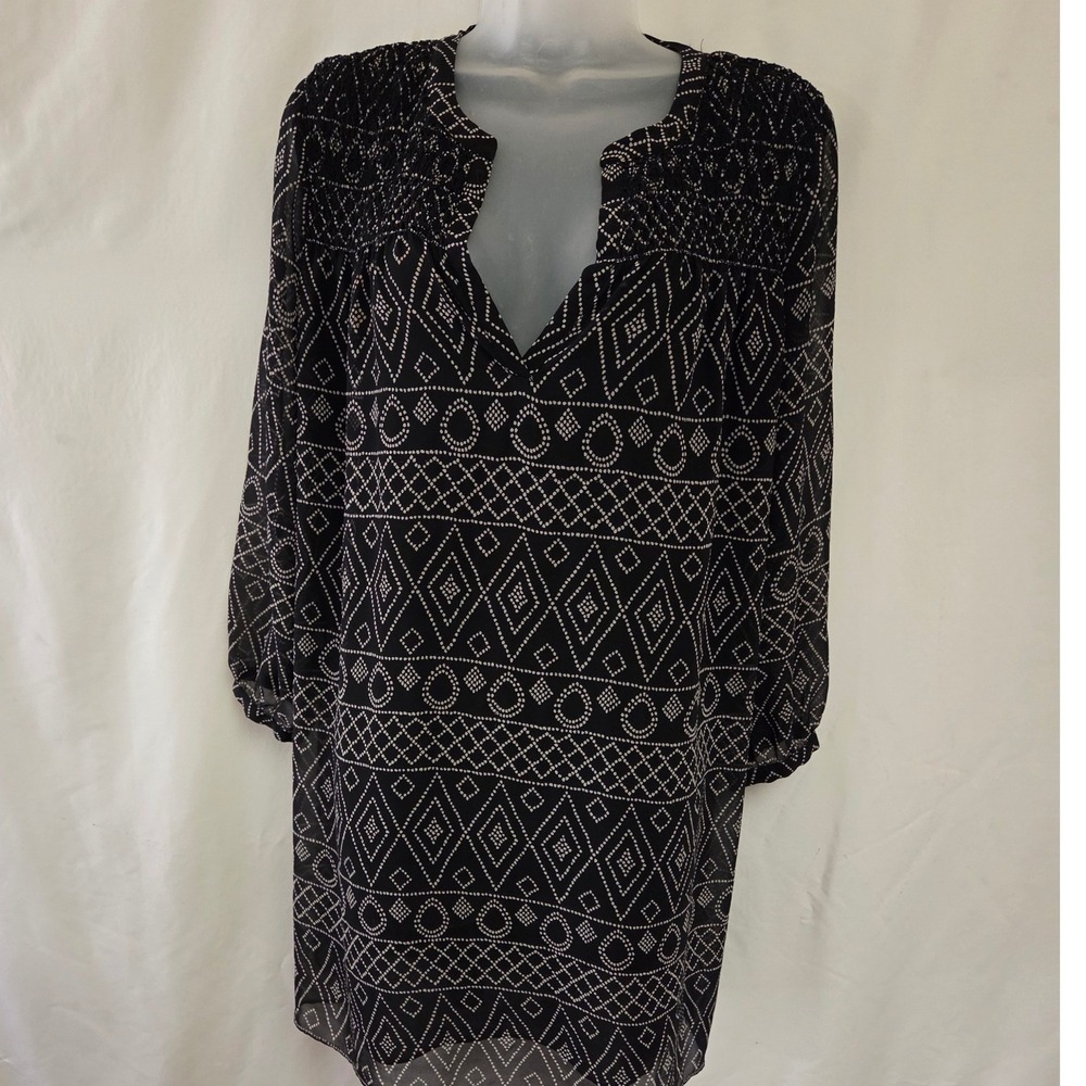 Madewell Black White Geometric Diamond Print Smocked Shift Dress Womens Small - Picture 2 of 5